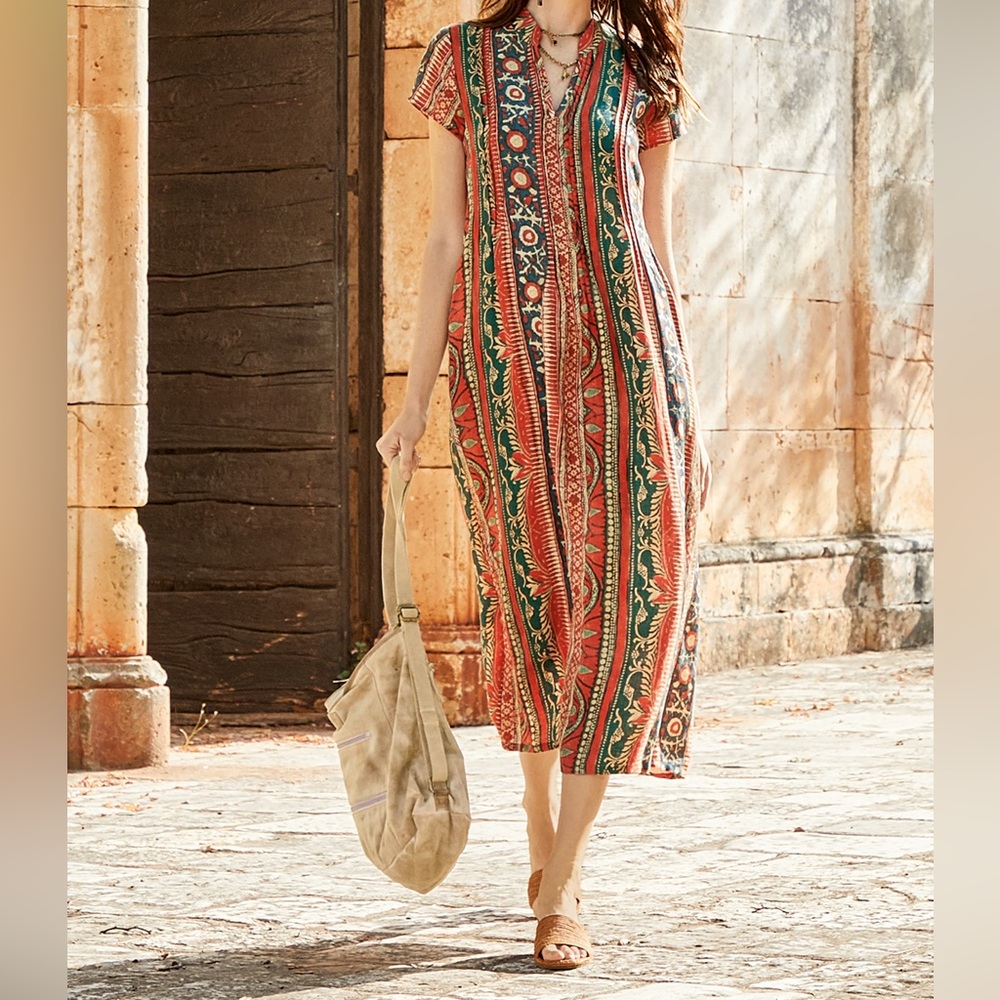 peruvian connection tamarind dress chili xl 100% linen multicolor funky print